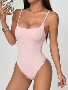 Flirla 女士时尚简约低领纯色休闲连体衣，适合春夏穿着，欧美风格 - 淺粉色 - 查看 3