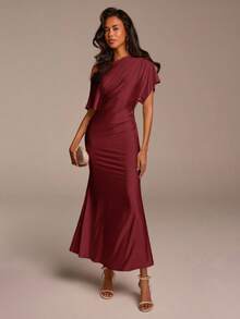 COSMINA Women's Apricot Ruched Fishtail Hem Sleeveless Casual Dress, Suitable For Vacation, Commute, Party, Wedding - Burgundy - View 3