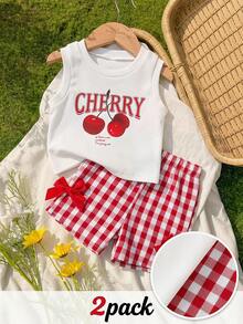 SHEIN Playful Pals 2件組幼女可愛夏季套裝 紅色與白色格紋短褲搭配櫻桃印花無袖背心 嬰兒女童度假海灘服飾套裝 - 紅色 - 查看 1