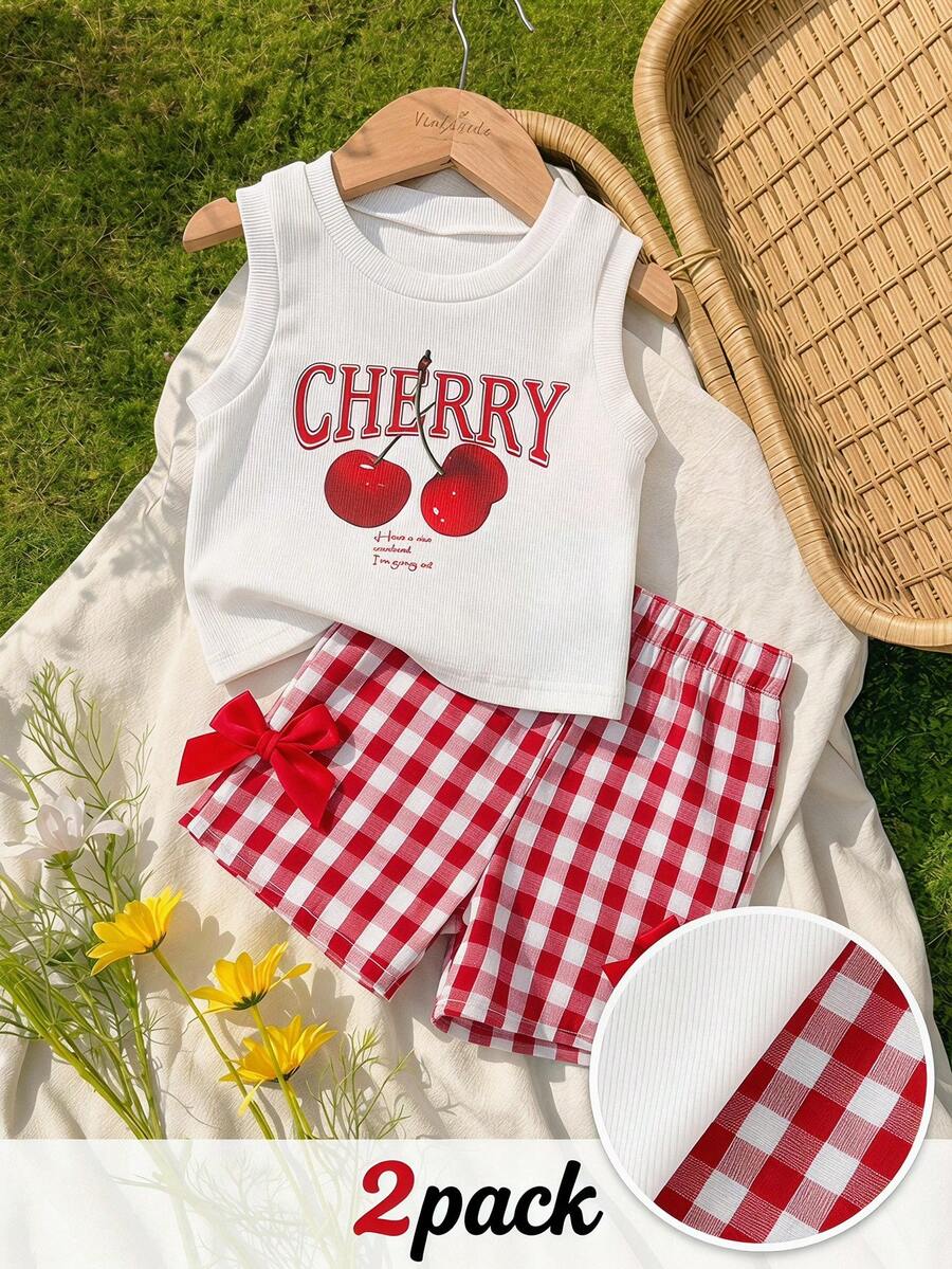 SHEIN Playful Pals 2件組幼女可愛夏季套裝 紅色與白色格紋短褲搭配櫻桃印花無袖背心 嬰兒女童度假海灘服飾套裝 - 紅色 - 查看 1