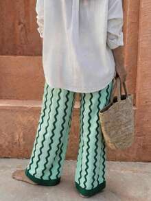 Flora Isola Flora Isola Vacation Bohemian Pink Wavy Stripe Women Pants - Green - View 2