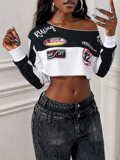 Glyssa Áo sweatshirt nữ dáng ngắn, rộng rãi, tay dài, vai lệch, in họa tiết phối màu, viền gân.
