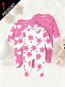 SHEIN [Ngẫu nhiên 3 bộ, gửi 1 bộ] Bộ đồ ngủ liền thân in hình trái tim dễ thương, họa tiết hoa nghệ thuật, chấm bi màu hồng cánh sen, thoải mái và tiện lợi, bộ đồ ngủ mùa xuân/hè mềm mại, giúp bé trông đáng yêu và năng động, chất liệu mềm mại và thoải mái. - Nhiều màu - Xem 7