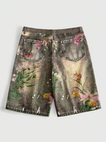 ROMWE MEN Quần short denim nam dáng rộng in họa tiết retro, kiểu dáng thường ngày, đa năng cho mùa hè. - Màu nâu  Mocha - Xem 2