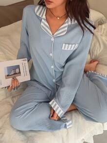 Napfluff Pink Striped Patchwork Lapel Long Sleeve Pajama Set - Sky Blue - View 6