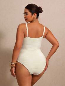 Elaquor Plus Size Women Shell Decor Ruched One-Piece Swimsuit, Suitable For Beach Vacation, Pool Party, Beach Party - Apricot - View 2
