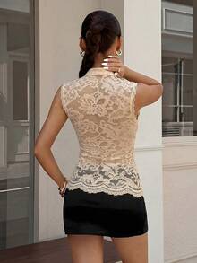 Muchica Beige Lace Top Blouse For Women Vacation Summer Elegant - Apricot - View 2