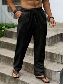Palmeraft Pantalones casuales versátiles de uso diario para hombres de talla grande, de unicolor, de algodón, con cintura con cordón, para vacaciones y días festivos - Negro - Ver 4
