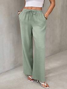 SHEIN Tall Pantalones casuales sueltos de unicolor con bolsillos inclinados y diseño retorcido para mujeres altas - verde menta - Ver 3