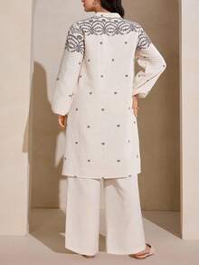 Graceveil Plus Size Mandarin Collar Front Button Elegant Matching Modest 2 Pieces Set, Long Sleeve Family Thailand Holiday Beige White - Apricot - View 2