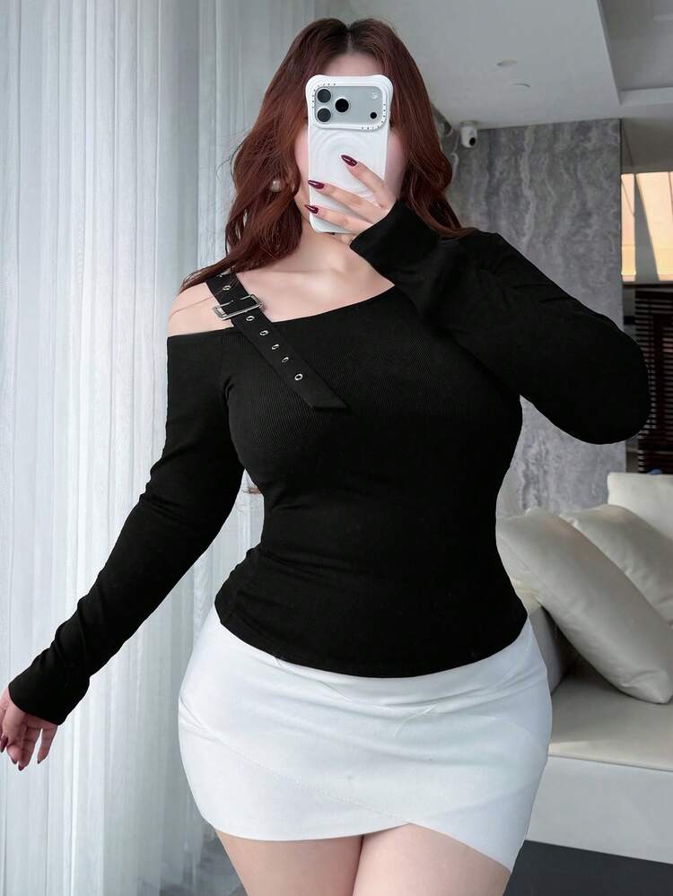 Dazy Plus Sexy Off-Shoulder Casual Loose Fit Long Sleeve Black Plus Size T-Shirt For Women, Spring/Summer/Autumn