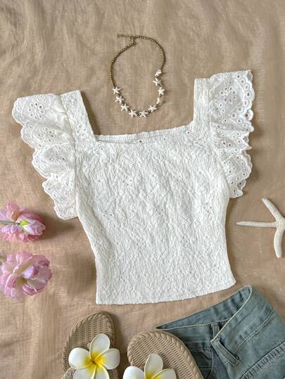 SHEIN Tween Girls Casual Vacation Ivory Knit Textured Striped Collared Patchwork Ruffle Hem Sweet Preppy Style T-Shirt, Y2K Teen Fashion, Suitable For Summer Holiday Travel, Back To School, Family Outdoor Picnic In Autumn, Daily Wear, Spring/Summer, Beach, Commute, Elegant, Boho, Hawaii, Music Festival, White Top