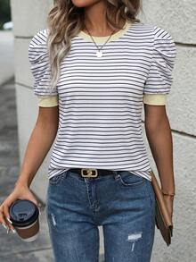 EMERY ROSE Women's Striped Round Neck Short Petal Sleeve Casual T-Shirt - Pale Yellow - View 3