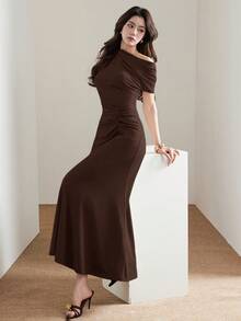 Heiryn Women's Elegant Solid Color Asymmetric Neck Twist Long Dress, Summer - Brown - View 3