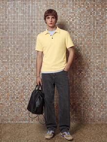 HypeHours Men's Summer Casual Solid Color Textured Polo Shirts - Yellow - View 3
