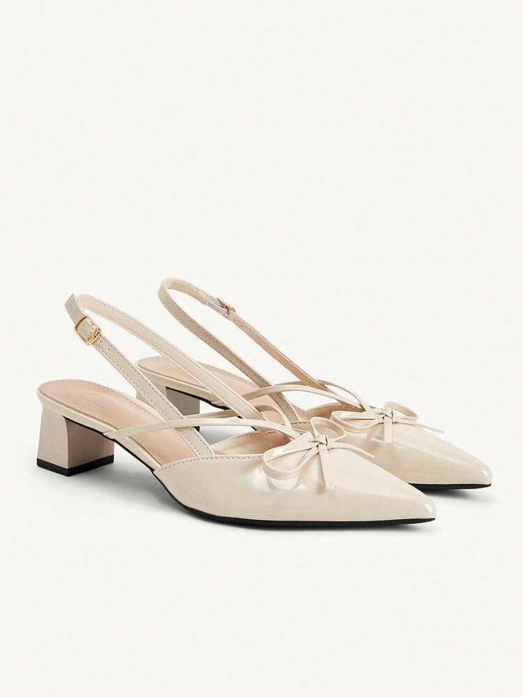 CUCCOO CHICEST Apricot Pointed Bow Slingback Thick Heel Sandals, Workplace Commuting Temperament Shoes