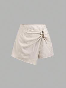 Sweetra Women White Glitter Summer Elegant Casual Sequin Brunch Vacation Shorts,Korean Style Twist Knot Metal Buckle Asymmetric Hem Textured Anti-Flashing - Apricot - View 1