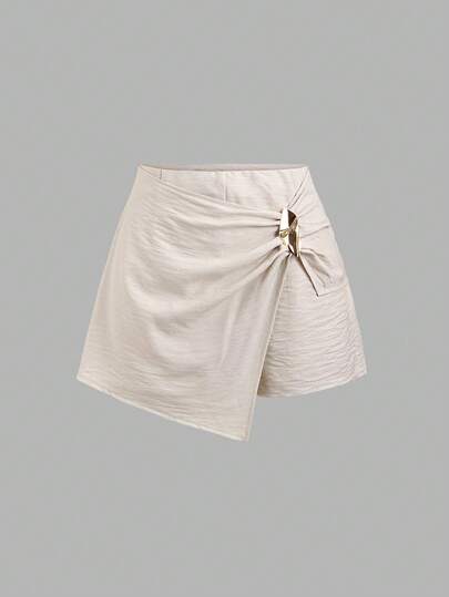 Sweetra Summer Fashion New Korean Gentle Style Twist Knot Metal Buckle Asymmetric Hem Slimming Textured Versatile Anti-Flashing Women Shorts, Elegant For Commuting