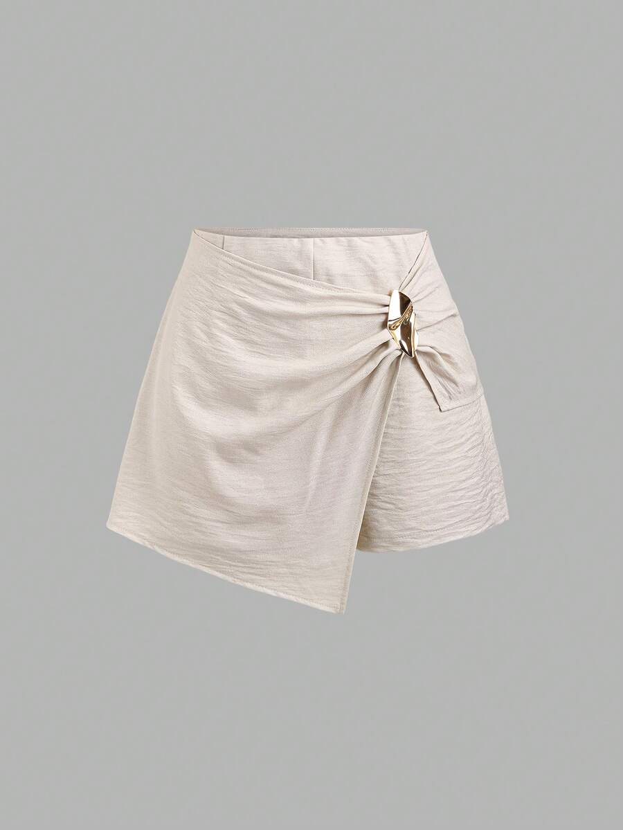 Sweetra Women White Glitter Summer Elegant Casual Sequin Brunch Vacation Shorts,Korean Style Twist Knot Metal Buckle Asymmetric Hem Textured Anti-Flashing - Apricot - View 1