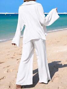 Swim Lushoire 26SS Spring/Summer Vacation Beach Elegant Black Embroidered Loose Shirt Kimono Cover Up - White - View 2