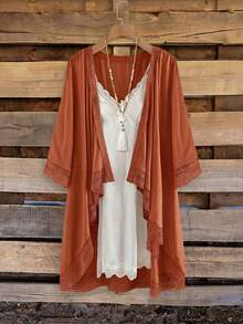 Rusticease Plus Size Women Lace Patchwork Jacket Autumn Casual Fall - Rust Brown - View 7