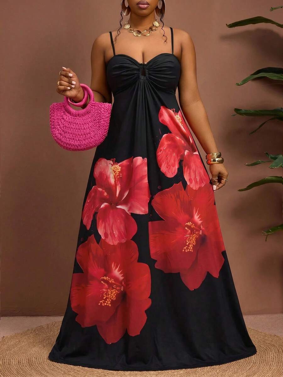 Truni 女士休闲度假风性感黑色底红色芙蓉花夏威夷印花连衣裙，度假风