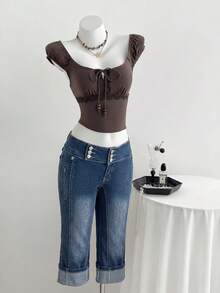 Elamini Quần jean denim nữ kiểu dáng thường ngày, đa năng, phù hợp mặc hàng ngày. - Rửa tối - Xem 4