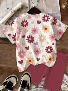 Teen Girls' Casual Cute Polka Dot Colorful Flower & Heart Print 2-Piece Set, Merlot Color, Short Sleeve T-Shirt And Shorts, Suitable For Summer - Multicolor - View 3