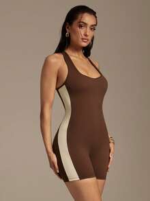 Silquee Women's Summer New Contrast Sideseam Racerback Shapewear Romper - Coffee Brown - View 6