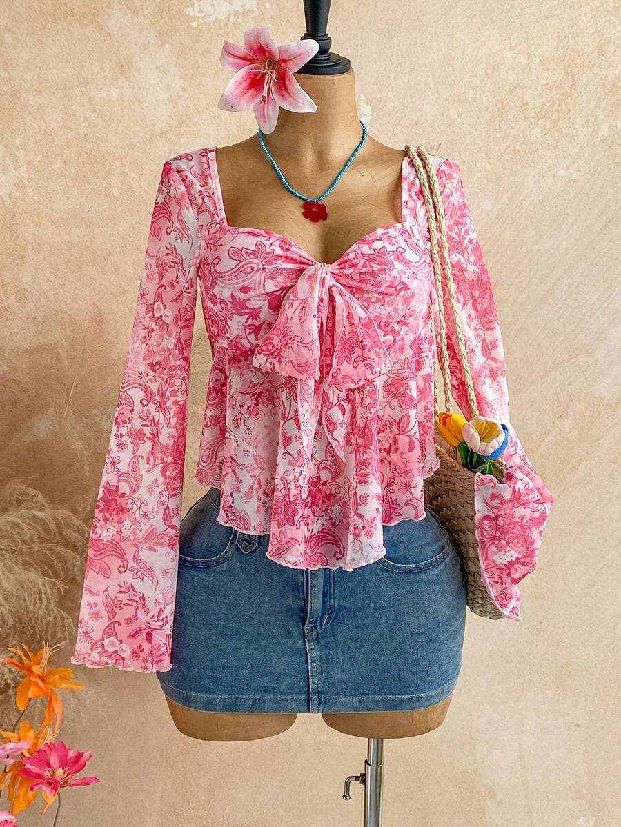 Soleia 女款度假、畢業、返校、度假用娃娃上衣,佩斯利花卉印花甜心領長袖夏季上衣 - 粉色 - 查看 1