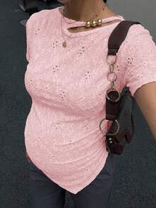 MaterniWear Maternity Casual Asymmetrical Hem Short Sleeve T-Shirt - Baby Pink - View 2