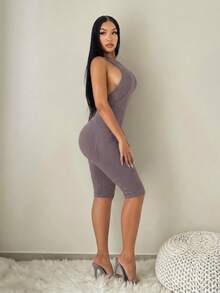 BamGleam Bộ jumpsuit dệt kim liền mạch, cổ yếm, hở lưng, gợi cảm. - Bụi tím - Xem 6