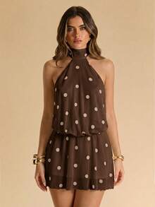 SHEIN BAE Women's Brown And White Polka Dot Backless Spaghetti Strap Mini Dress,Elegant Summmer Vacation Outfits For Women,Brunch Valentine's Day Outfit - Coffee Brown - View 5