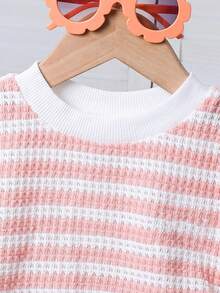 SHEIN Striped Knit Ruched Short Sleeve Top And Matching Pants Set,Light Pink Summer Girls Outfit,Elegant Casual Vacation 2-Piece Family Matching Set - Pink - View 6