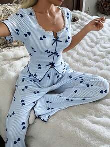 CottageSlumber Women's Romantic Lace Knit Textured Heart & Stripe Print Short Sleeve Pajama Set, 2 Pieces - Multicolor - View 4