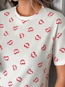 SHEIN Conjunto de pijama con estampado de besos en toda la prenda y pantalón de pierna ancha - Blanco - Ver 5