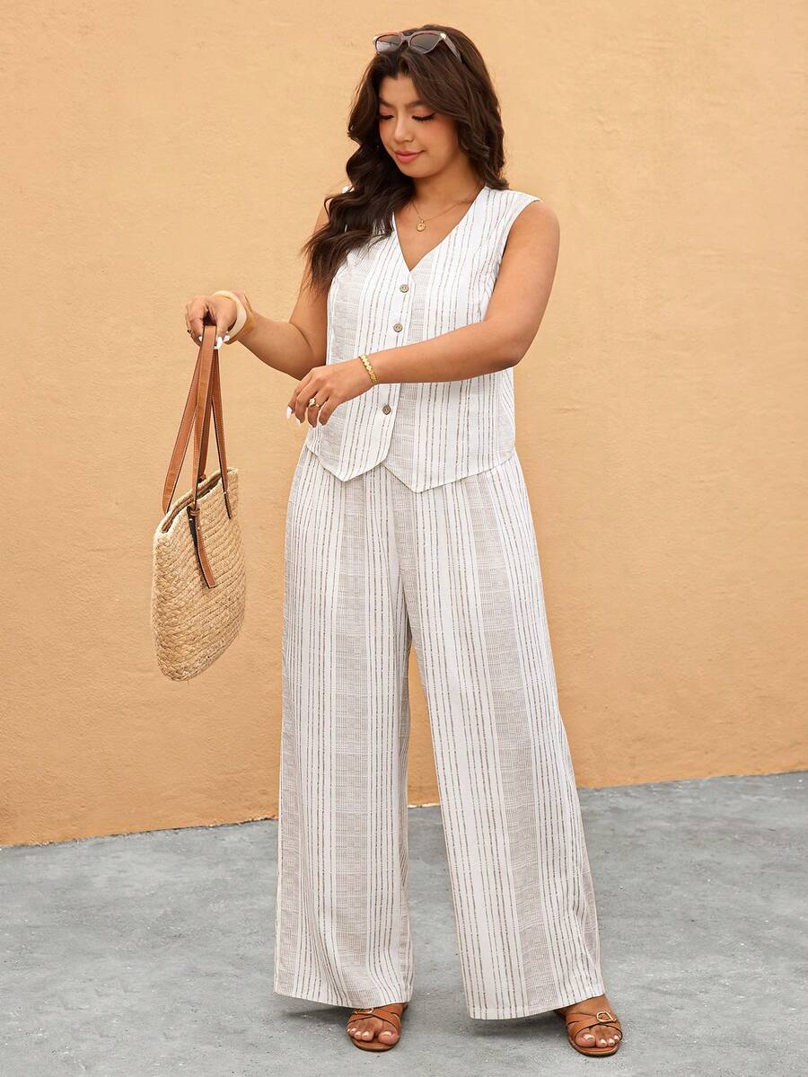Elaquor Plus Size V-Neck White Print Button Front Vest Wide Leg Pants Casual Modest 2 Pieces Set Bussines Vacation Summer - Multicolor - View 1