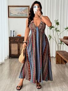 Weeklong Plus Size Women's Royal Blue Print V-Neck Tie-Up A-Line Dress, Spring/Summer Vacation Dress Vacation Vacation Boho - Multicolor - View 1