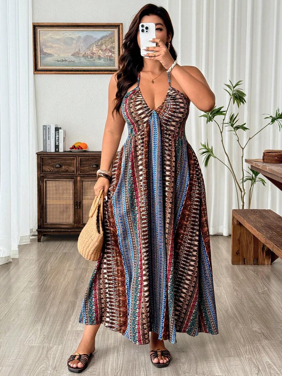 Weeklong Plus Size Women's Royal Blue Print V-Neck Tie-Up A-Line Dress, Spring/Summer Vacation Dress Vacation Vacation Boho - Multicolor - View 1