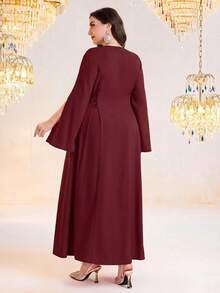 Al Najma Vestido de mujer de talla grande con estilo elegante árabe, parches y abertura en las mangas - Burdeos - Ver 8