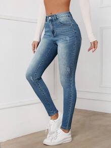 SHEIN PETITE Women's Distressed Pastal Skinny Jeans With Pockets,Petite Women Swimming Summer Sexy - Medium Wash - View 6