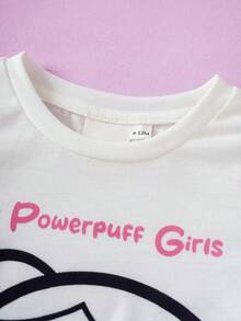 THE POWERPUFF GIRLS X SHEIN 2件套女婴字母印花撞色圆领短袖T恤和休闲短裤套装， - 白色 - 查看 3
