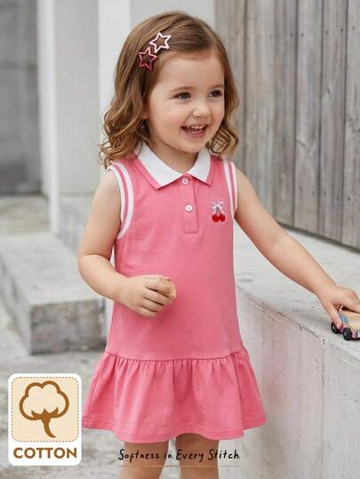 Cozy Pixies Kız Bebekler İçin Günlük Sevimli Kiraz Desenli Kurdeleli Düğmeli A Kesim Kolsuz Yama Detaylı Fırfırlı Etekli Elbise/Polo Elbise/Tişört Elbise, Kız Bebekler İçin Sevimli Takım, Renkli Kiraz Çizgili Kız Bebek Takımı, Çok Renkli Küçük Kız Çocuk Takımı, Renkli Küçük Kız Çocuk Elbisesi
