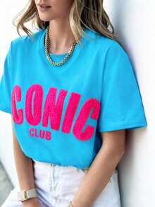 Camiseta de mujer, camiseta de manga corta con gráfico de estilo casual de calle, top de verano lindo - Azul - Ver 2