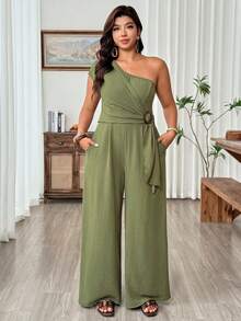 Weeklong Macacão Folgado e Confortável Plus Size com Cintura Marcada, Adequado para Passeios e Férias - Verde Militar - Visão 4