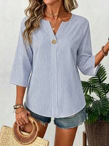 EMERY ROSE Plus Size Women's Casual V-Neck Striped Shirt Fall - Multicolor - View 5