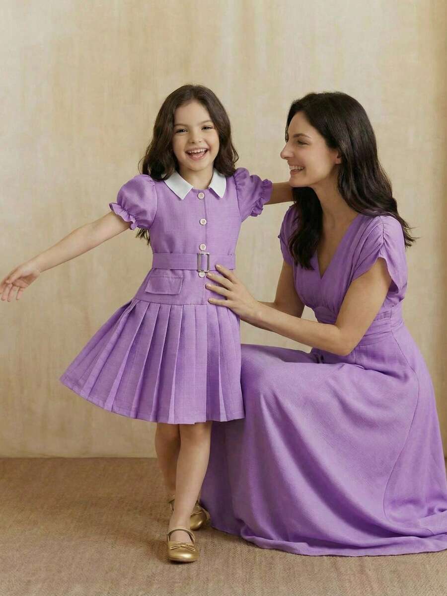 SHEIN 1pc Girls' Baby Purple Summer Family Matching Back-To-School Stripe Collared Waist-Cinched Mid-Length Short Sleeve Pleated Dress With Waist Belt - Purple - View 1