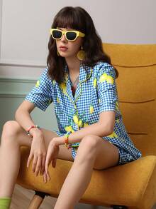 Chillnights Bộ đồ ngủ nữ kiểu Bohemian họa tiết chanh chanh kẻ caro, kiểu dáng mở phía trước. - Nhiều màu - Xem 5