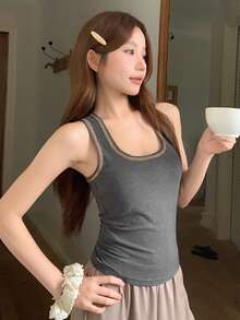 DAZY Áo sơ mi nữ dáng ôm xếp ly phối màu tương phản, kiểu dáng thường ngày. - Xám - Xem 7