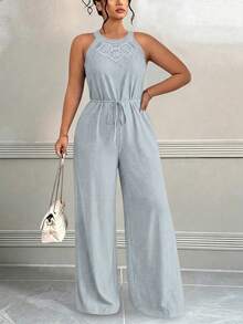 Celure Plus Size Women Textured Lace Patchwork Tie-Up Jumpsuit - Light Grey - View 4